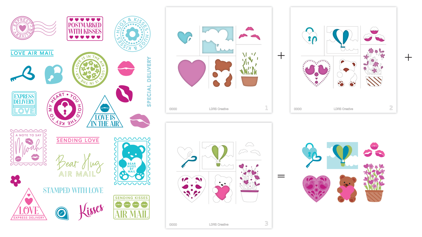 Hugs & Kisses Postage Collage Stamps and Layering Stencils Bundle